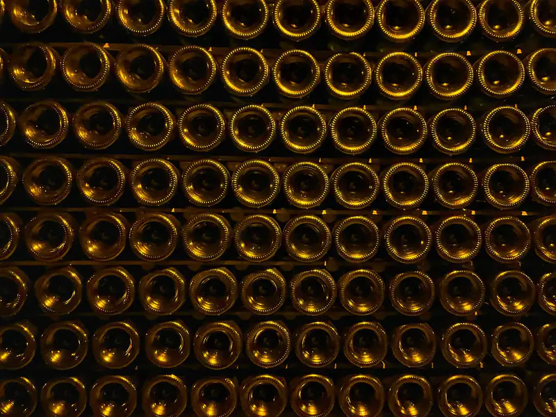 Rows of wine bottles stored in a cellar